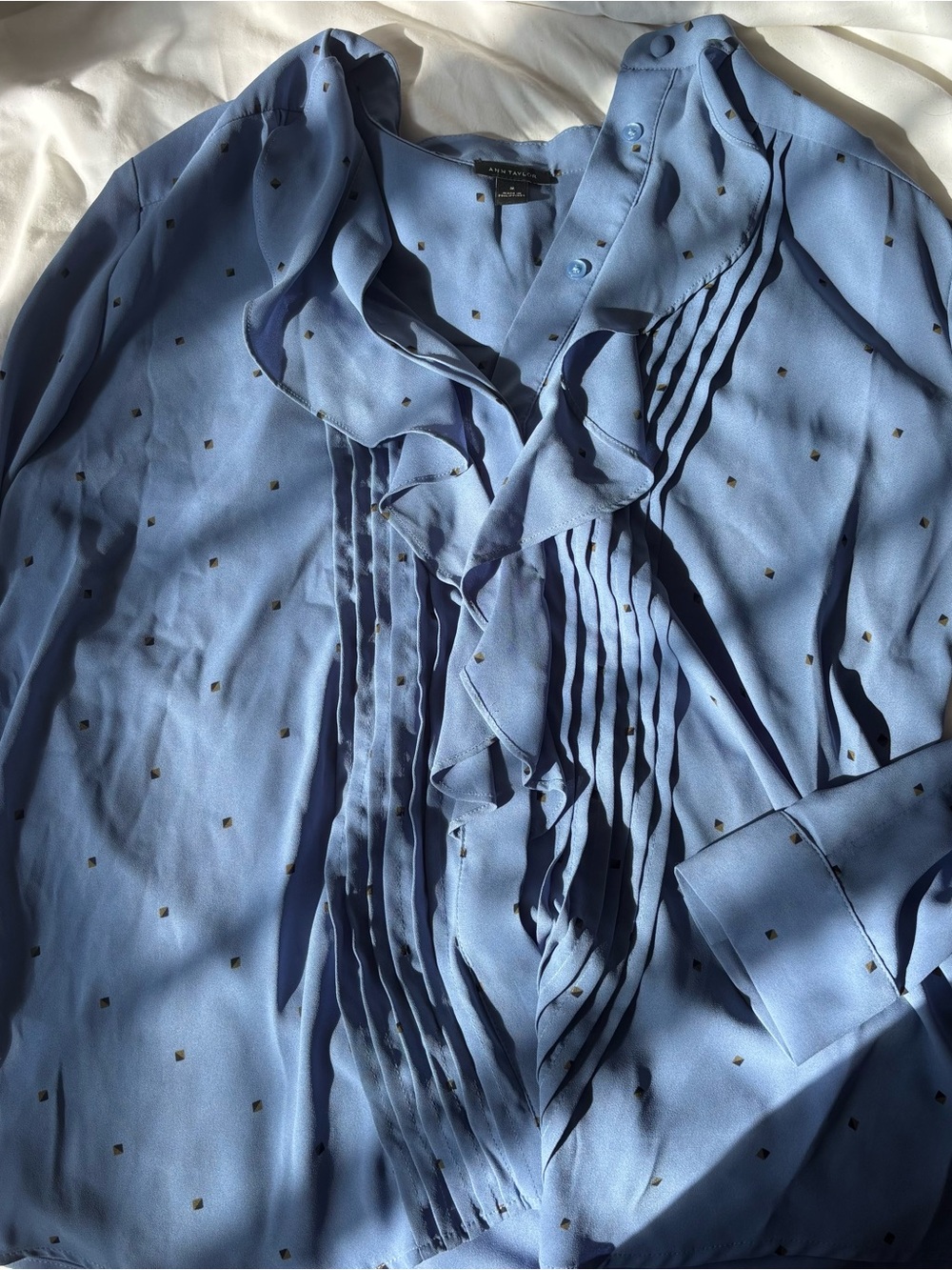 Ann Taylor Sky Blue Ruffle Pintuck Blouse